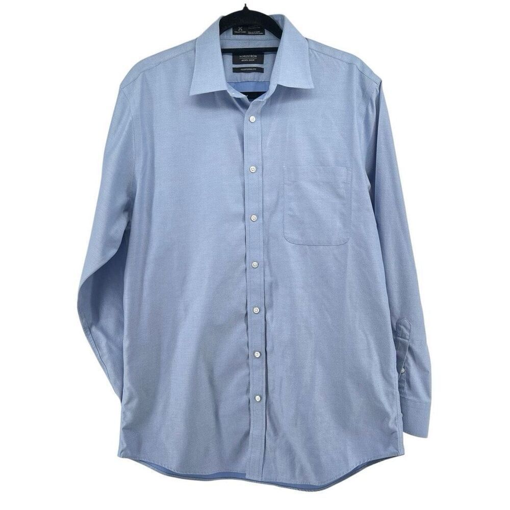 Nordstrom Men’s Shop SmartCare Blue Cotton Dress Shirt Wrinkle-Free 46” Chest